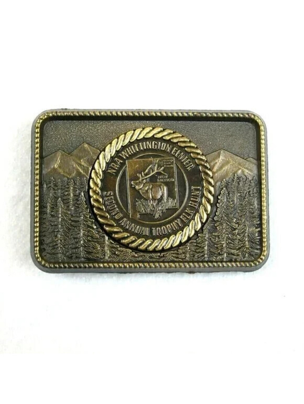 Vintage Belt Buckle Elk Hunting Medallion Metal NRA Whittington 1970s